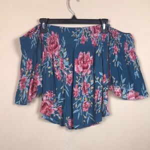Billabong Women’s Floral Print Smocked Tube Babydoll Blouse Flared Sleeves